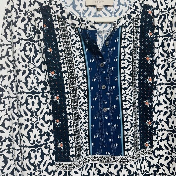 Loft Mosaic Shirt Dress Sz Small Blue Floral Long Sleeve 4-Button (no belt) - Picture 5 of 10